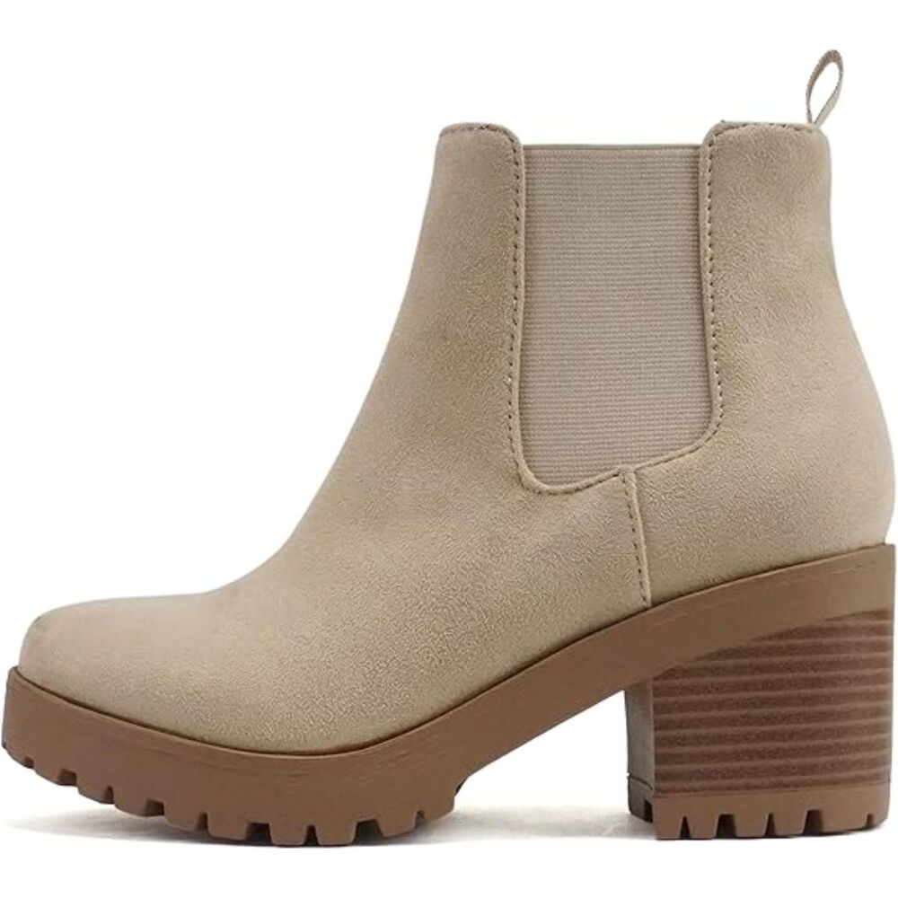 Women Suede Round Toe Lug Sole Elastic Gore and Chunky Heel Jaber Ankle Boots